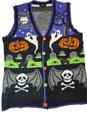 Blizzard Bay Halloween Knit Vest With Ghosts Pumpkins And Skeletons Size Large